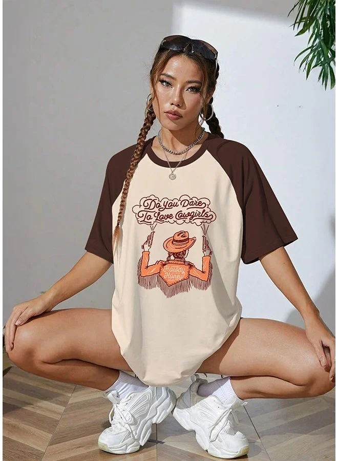 جونبيري تيشيرت قطن جوني بيري مطبوع للنساء لون بني وأبيض بجعة